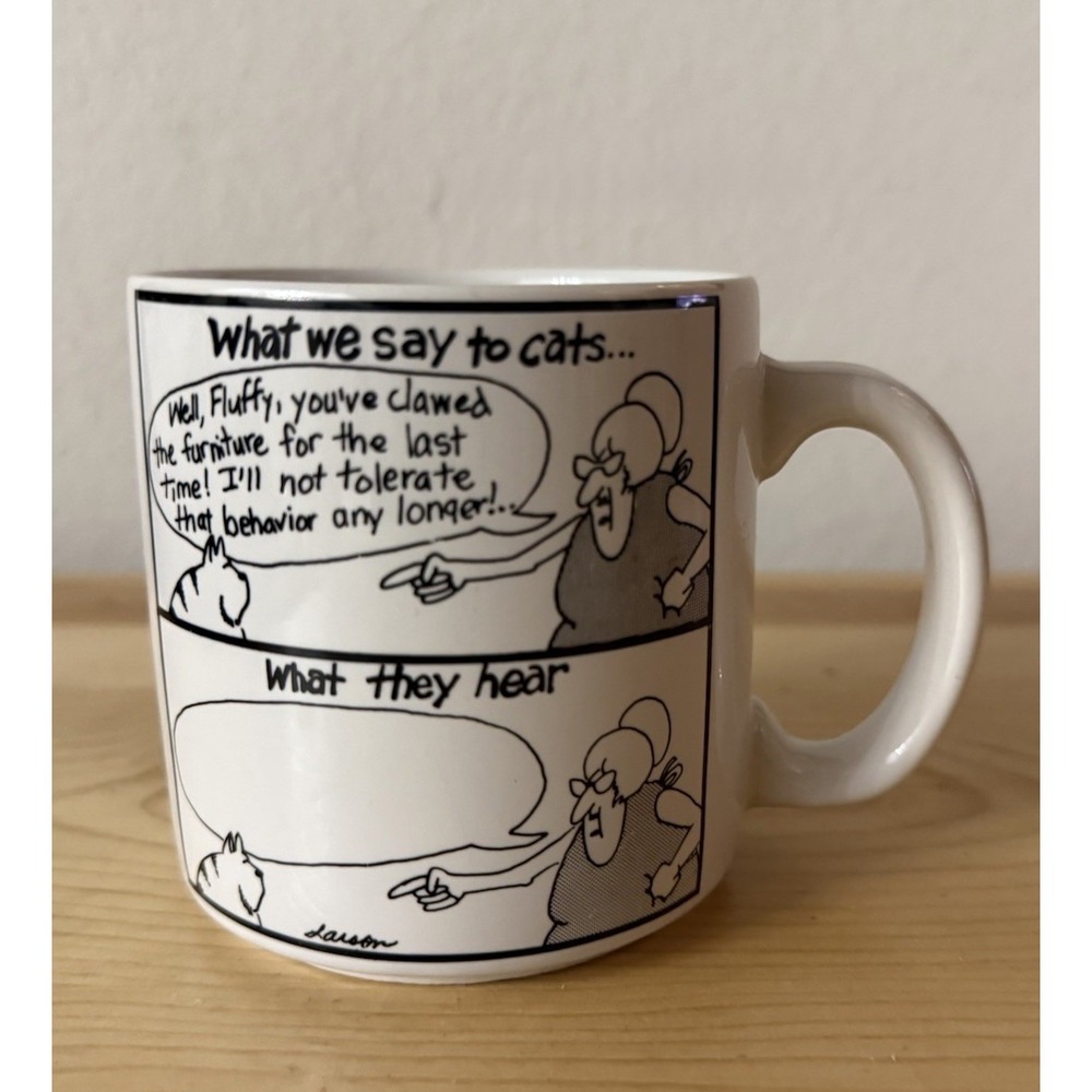 The Far Side Gary Larson Vintage 80s Cartoon Coffee Mug What We Say To Cats Lady
